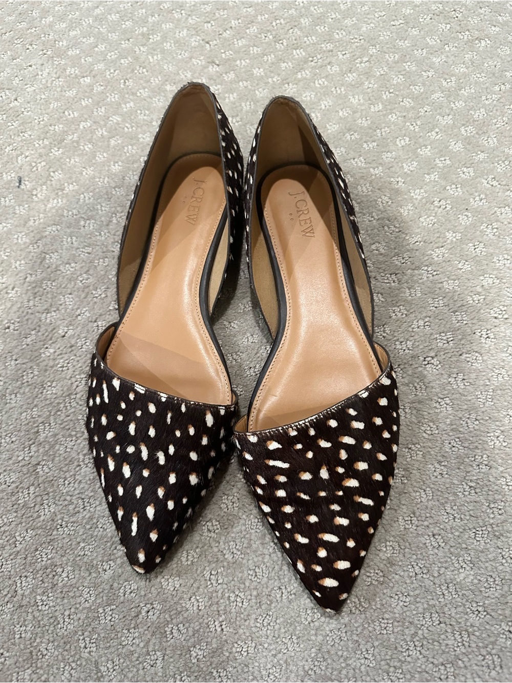 J. Crew Brown and White Spotted Pointed-Toe D'Orsay Flats